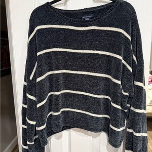 American Eagle Outfitters Navy and Cream Striped Crew Neck Sweater